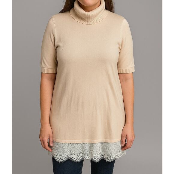 Apt. 9 Womens Long Sweater Short Sleeve Lace Hem Cowl Neck Medium - Picture 1 of 9